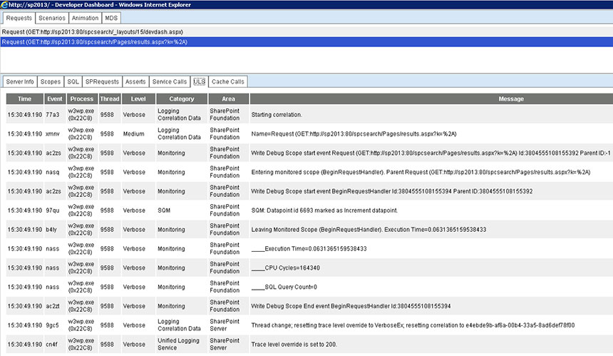 SharePoint search - developer dashboard troubleshooting