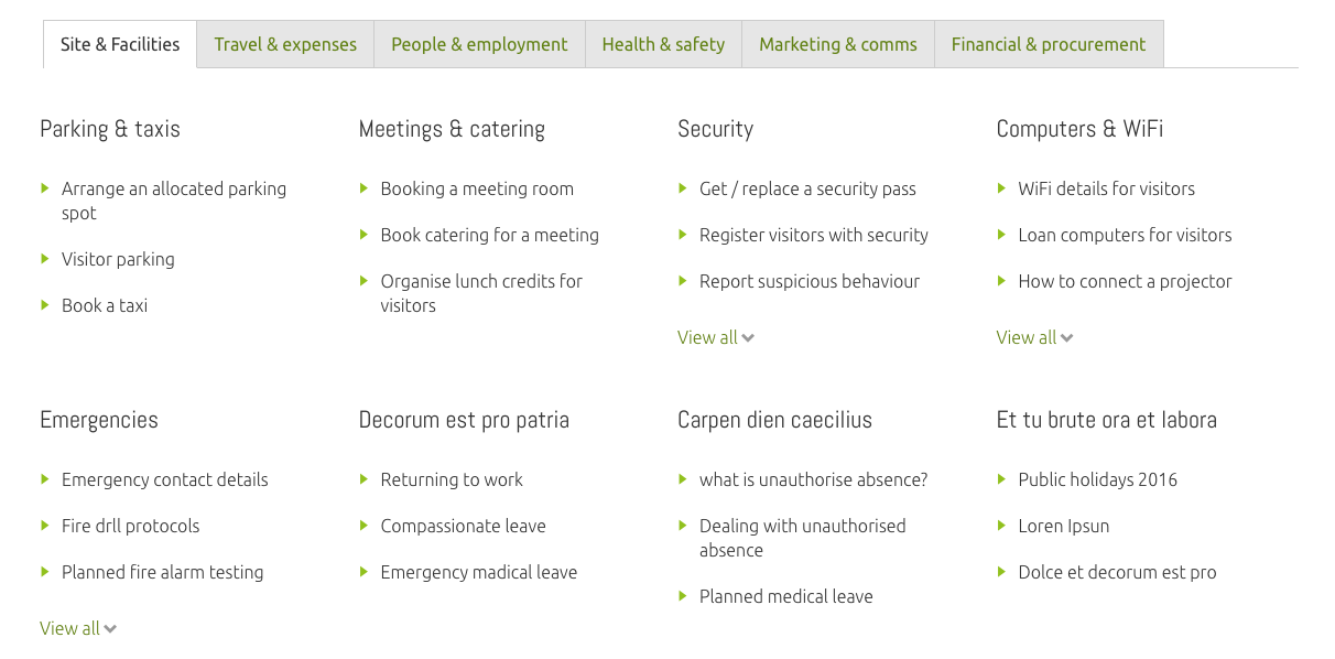 employee centricity and an intranet trend - screengrab of common tasks toolbox for emploiyees