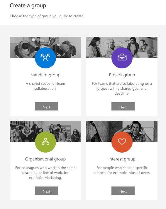 The window for setting up a new Group in Office 365