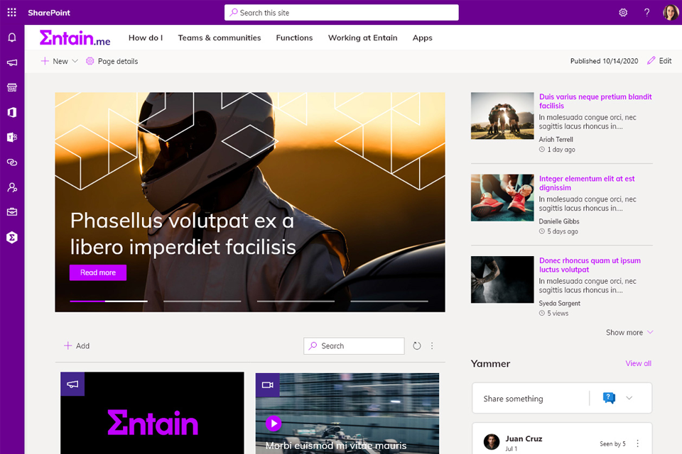 Entain Microsoft Office 365 intranet homepage